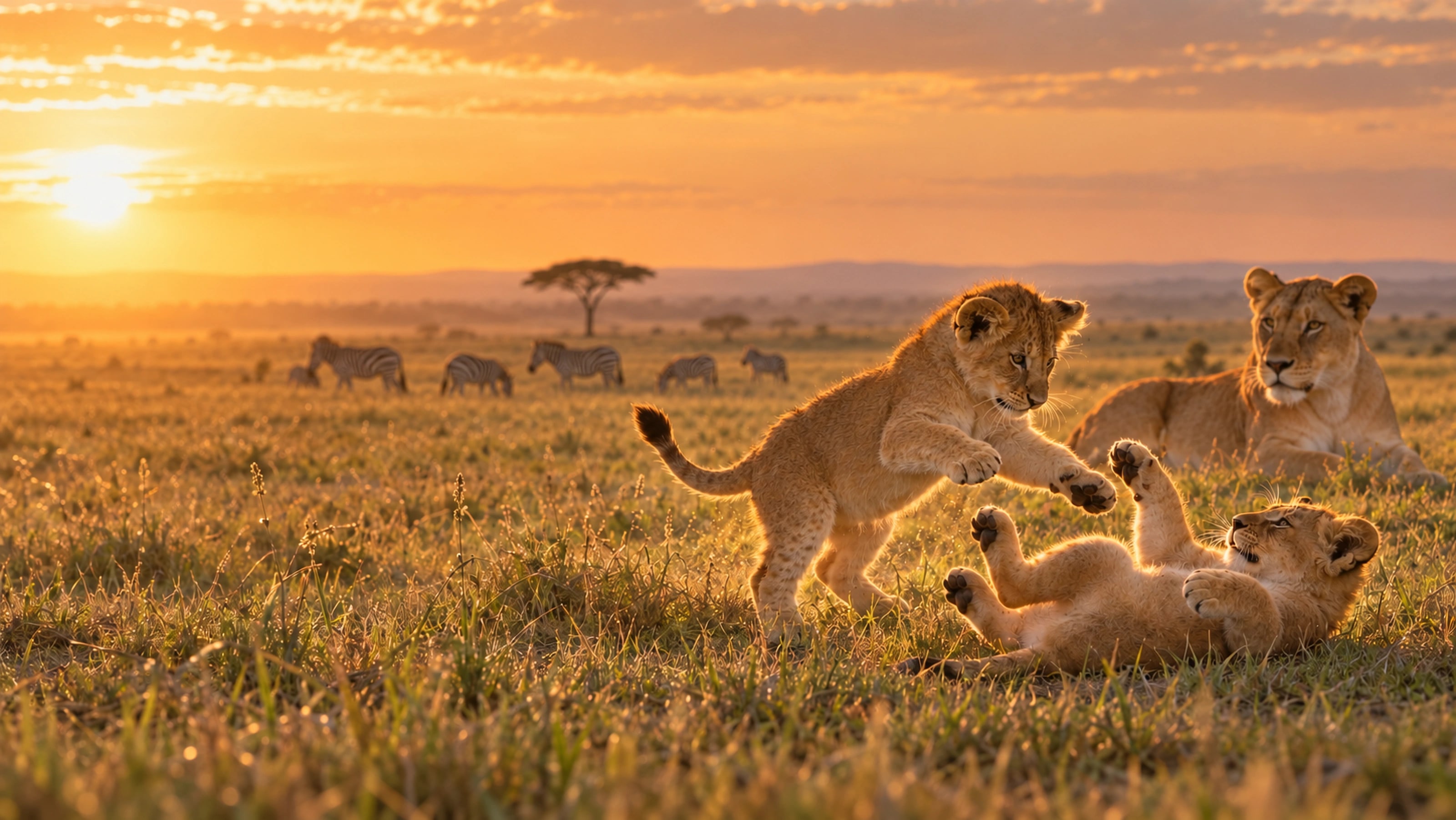Lion cubs playing beside a lioness on the savannah at sunrise, with zebra grazing behind