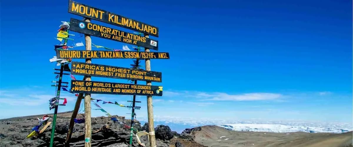 The summit sign at Uhuru Peak on Mount Kilimanjaro