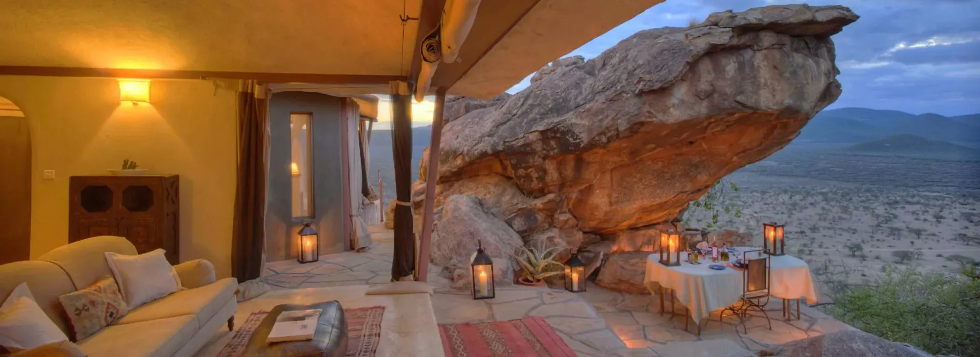 Luxury tented suite built against a rock face